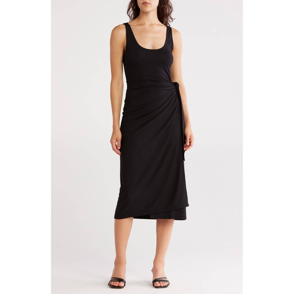 Vince Black Side Tie Ruched Jersey Midi Dress V040084751 Sleeveless Scoop Neck S